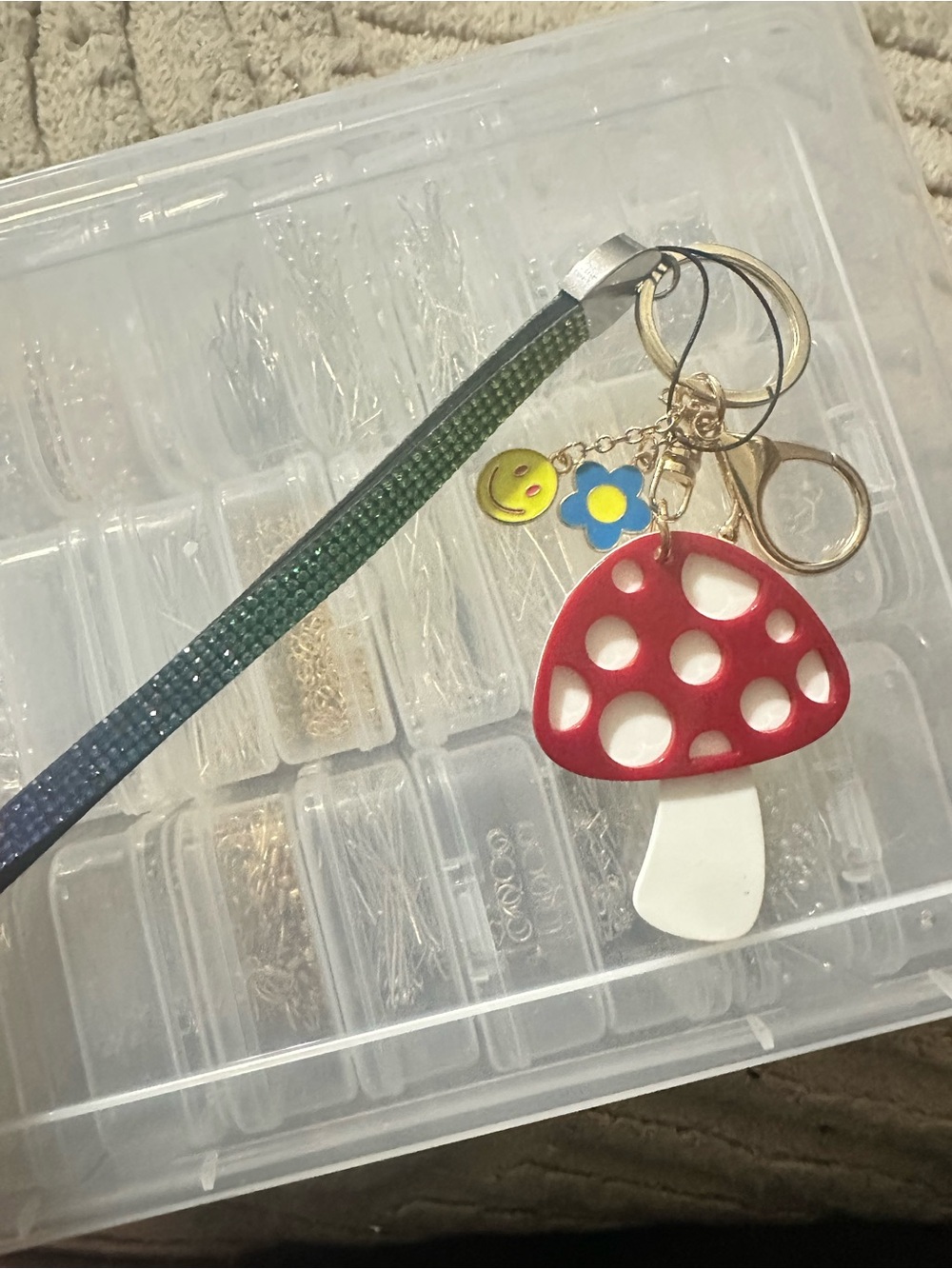 Red & White Mushroom Keychain Charm with Smile & Flower Charms
